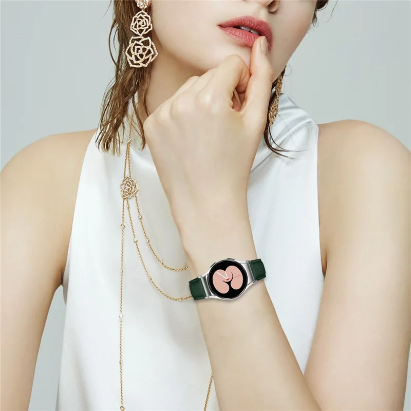 Wrist Strap with Silver Professional Connector For Samsung Galaxy Watch7 40mm  /  44mm Genuine Leather Watch Band - Green