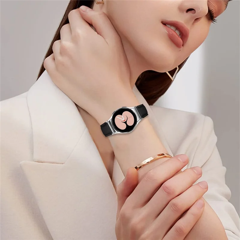 Wrist Strap with Silver Quick Release Connector For Samsung Galaxy Watch4  /  Watch5 40mm  /  44mm  /  45mm Genuine Leather Watch Band - Black