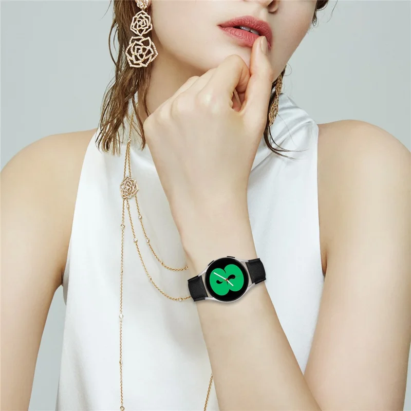 Wrist Strap For Samsung Galaxy Watch3 41mm  /  Active 2 40mm  /  44mm Genuine Leather Watch Band with Silver Connector Turtle Back Buckle - Black