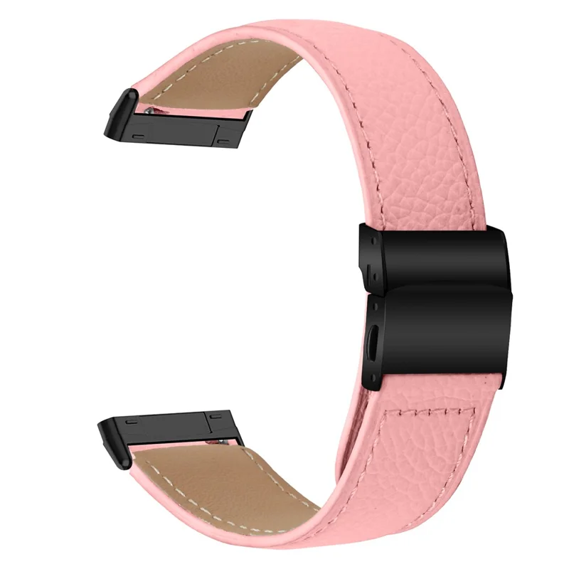 For Fitbit Versa 3  /  Sense Genuine Leather Watch Band with Black Connector Turtle Back Buckle Wrist Strap - Pink