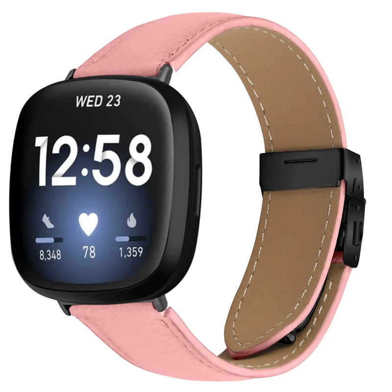 For Fitbit Versa 3  /  Sense Genuine Leather Watch Band with Black Connector Turtle Back Buckle Wrist Strap - Pink