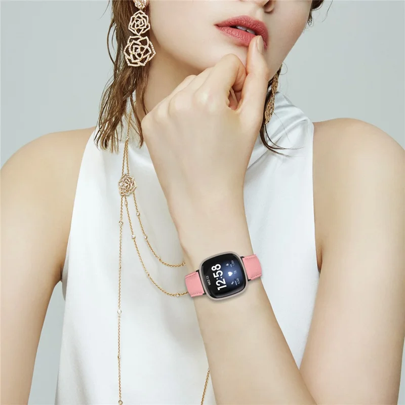 For Fitbit Versa 3  /  Sense Genuine Leather Watch Band with Black Connector Turtle Back Buckle Wrist Strap - Pink