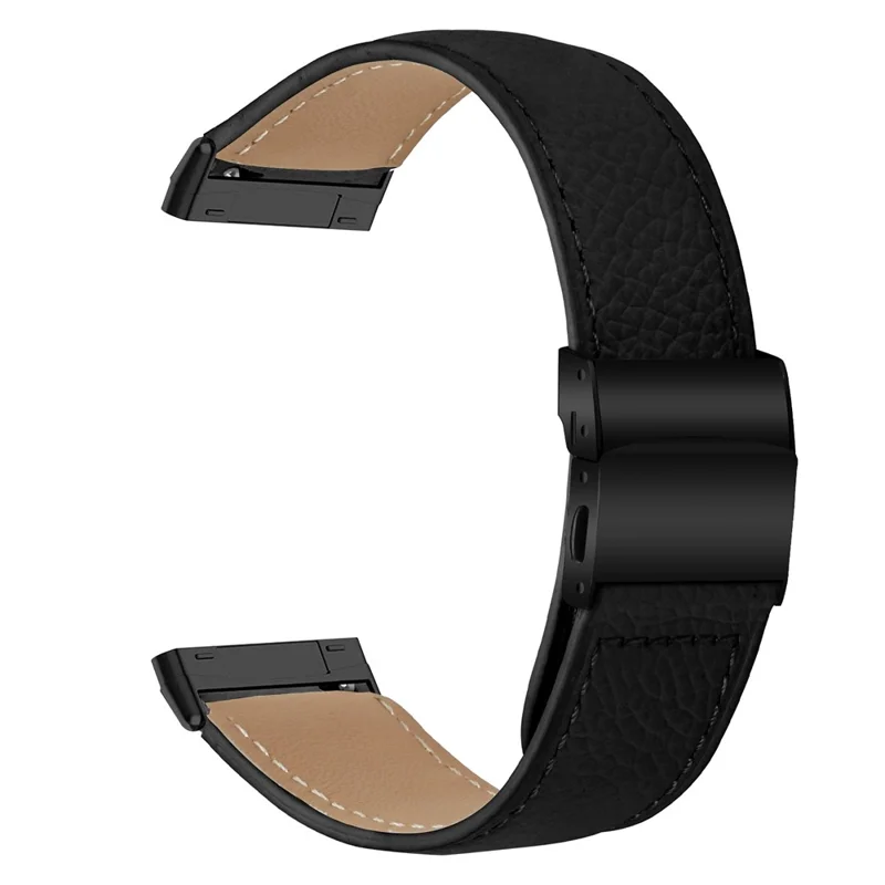 For Fitbit Versa 4  /  Sense 2 Genuine Leather Watch Band with Black Connector Turtle Back Buckle Wrist Strap - Black