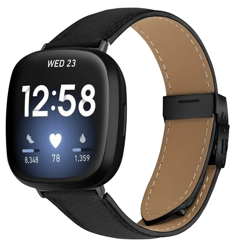 For Fitbit Versa 4  /  Sense 2 Genuine Leather Watch Band with Black Connector Turtle Back Buckle Wrist Strap - Black