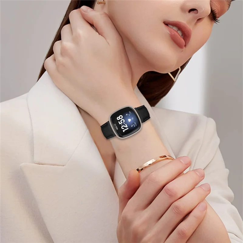 For Fitbit Versa 4  /  Sense 2 Genuine Leather Watch Band with Black Connector Turtle Back Buckle Wrist Strap - Black