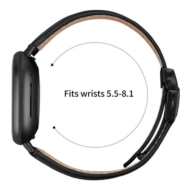 For Fitbit Versa 4  /  Sense 2 Genuine Leather Watch Band with Black Connector Turtle Back Buckle Wrist Strap - Black