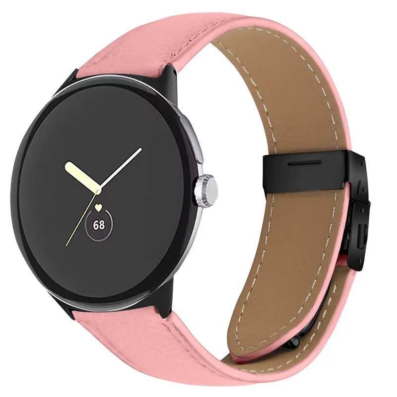 Wrist Strap For Google Pixel Watch 4  /  Watch 3  /  Watch 2  /  Watch 1 41mm Genuine Leather Watch Band with Black Connector Turtle Back Buckle - Pink