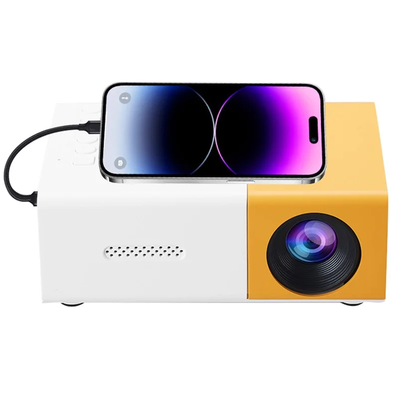 جهاز عرض صغير YG300S عالي الدقة، جهاز عرض LED محمول مع دعم لتقنيات عرض الشاشة ودقة 1080P للمنزل / السكن - أصفر أبيض / قابس أمريكي