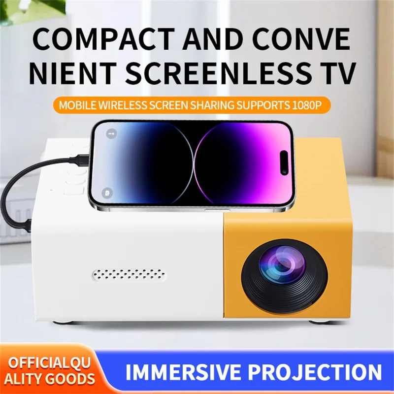 YG300S Mini Projector HD Portable LED Projector Screen Mirroring Support 1080P for Home / Dorm - Yellow White / UK Plug