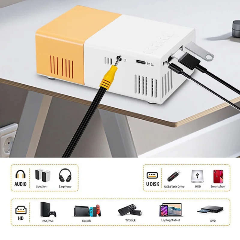 YG300S Mini Projector HD Portable LED Projector Screen Mirroring Support 1080P for Home / Dorm - Yellow White / UK Plug