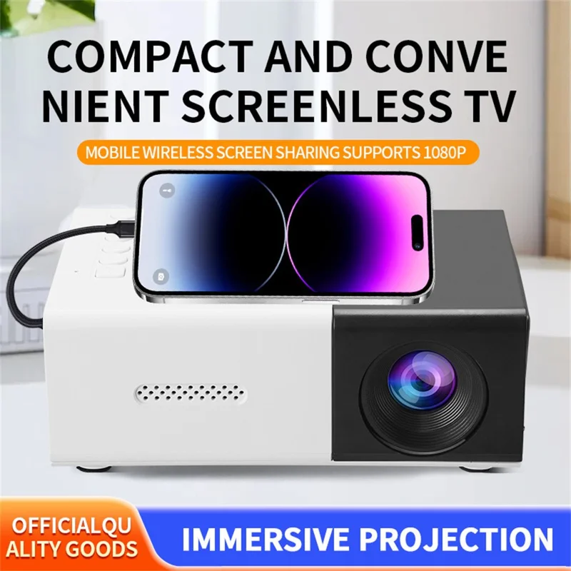 YG300S Mini Projector HD Portable LED Projector Screen Mirroring Support 1080P for Home / Dorm - Black White / EU Plug