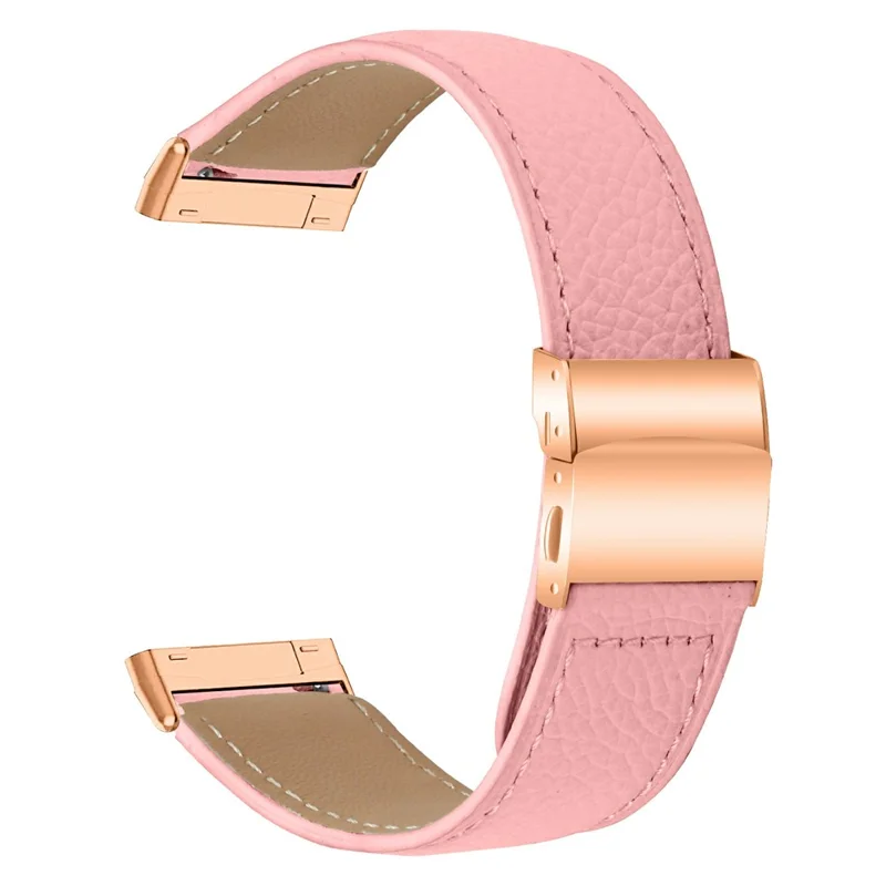 For Fitbit Versa 3  /  Sense Genuine Leather Watch Band with Rose Gold Connector Turtle Back Buckle - Pink