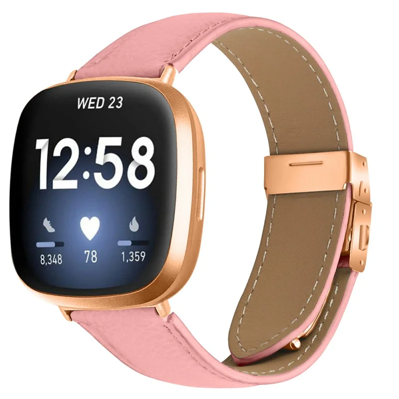 For Fitbit Versa 4  /  Sense 2 Genuine Leather Watch Band with Rose Gold Connector Turtle Back Buckle - Pink
