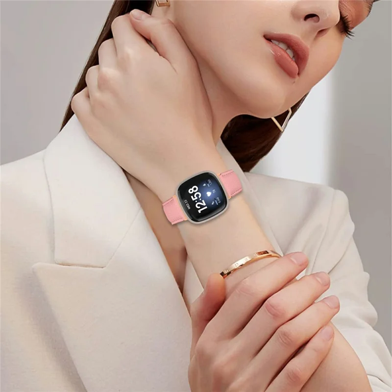 For Fitbit Versa 4  /  Sense 2 Genuine Leather Watch Band with Rose Gold Connector Turtle Back Buckle - Pink