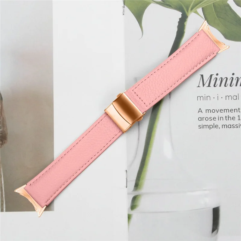 For Google Pixel Watch 4  /  3  /  3  /  1 41mm Genuine Leather Watch Band with Rose Gold Connector Turtle Back Buckle - Pink