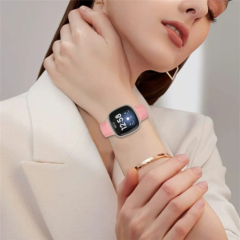 For Fitbit Versa 3  /  Sense Genuine Leather Watch Band with Starlight Connector Turtle Back Buckle - Pink