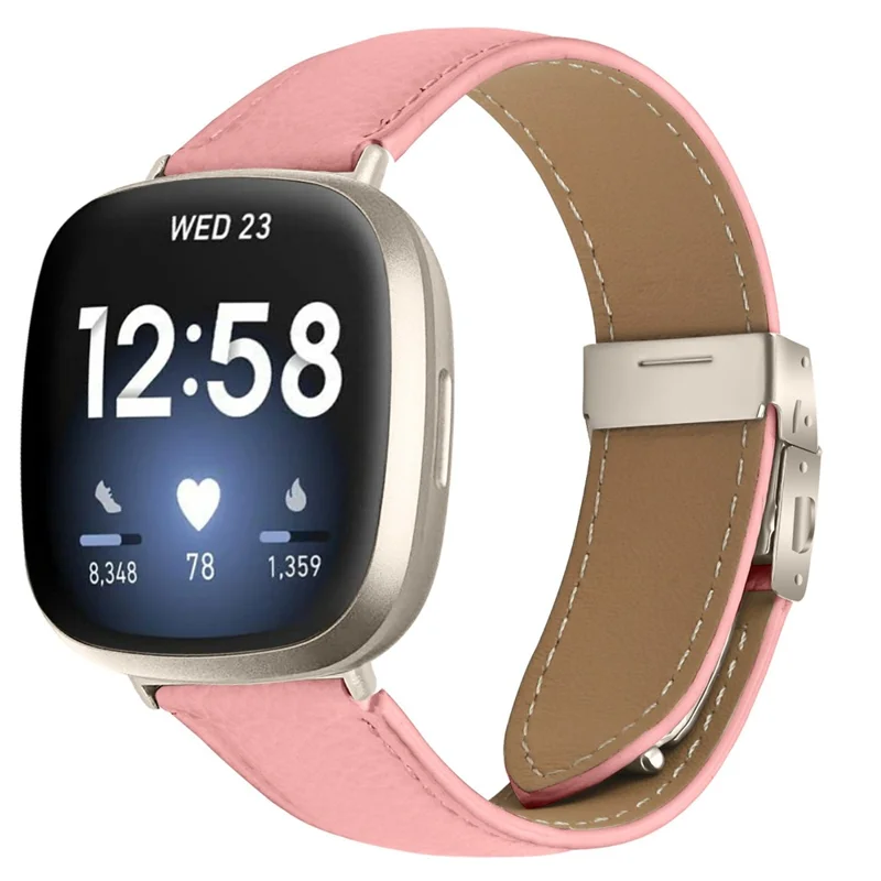 For Fitbit Versa 4  /  Sense 2 Genuine Leather Watch Band with Starlight Connector Turtle Back Buckle - Pink
