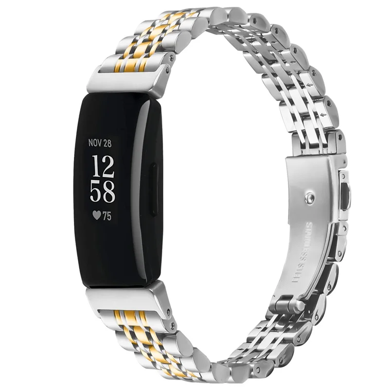 Watch Band For Fitbit Inspire / Inspire 2 / Inspire HR , Slim 7-Bead Electroplated Stainless Steel Strap - Silver / Gold