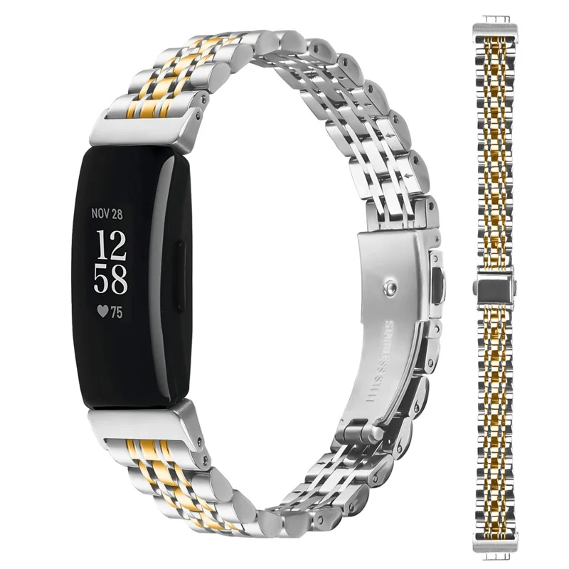 Watch Band For Fitbit Inspire / Inspire 2 / Inspire HR , Slim 7-Bead Electroplated Stainless Steel Strap - Silver / Gold
