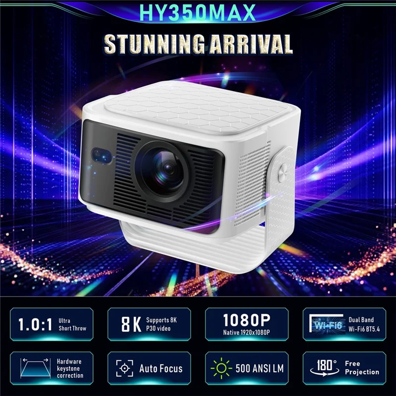 HY350MAX Android 14 LED Video Projector H726 2GB RAM 32GB WiFi6 BT5.4 500ANSI 1080P Home Theater Projector - US Plug