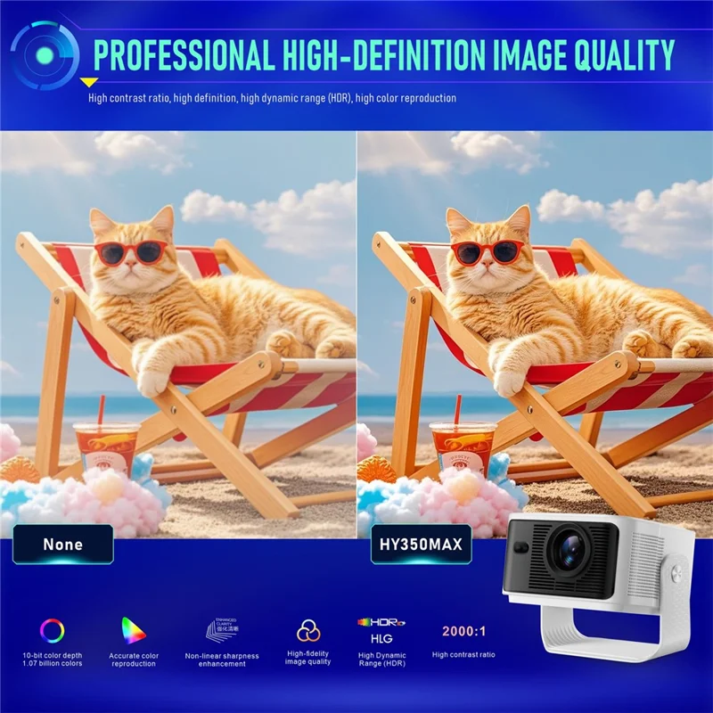 HY350MAX Android 14 LED Video Projector H726 2GB RAM 32GB WiFi6 BT5.4 500ANSI 1080P Home Theater Projector - US Plug