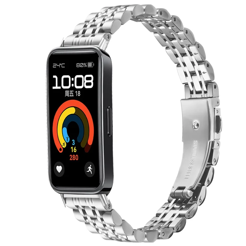 Watch Band For Huawei Band 10 / 9 / 8 , Slim 7-Bead Stainless Steel Strap - Silver
