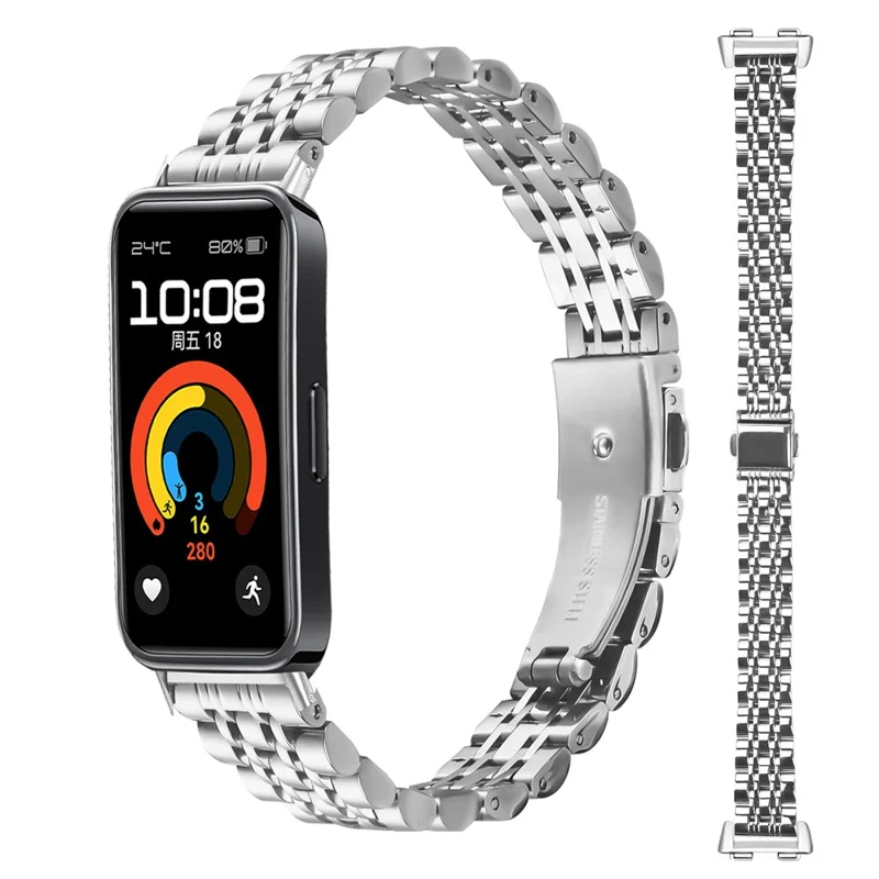 Watch Band For Huawei Band 10 / 9 / 8 , Slim 7-Bead Stainless Steel Strap - Silver