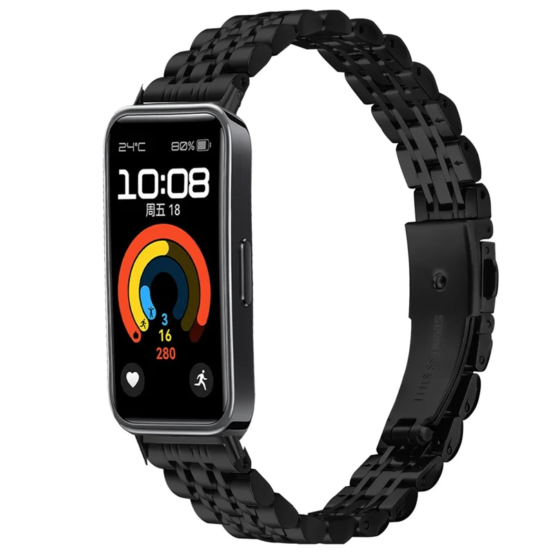 Watch Band For Huawei Band 10 / 9 / 8 , Slim 7-Bead Stainless Steel Strap - Black