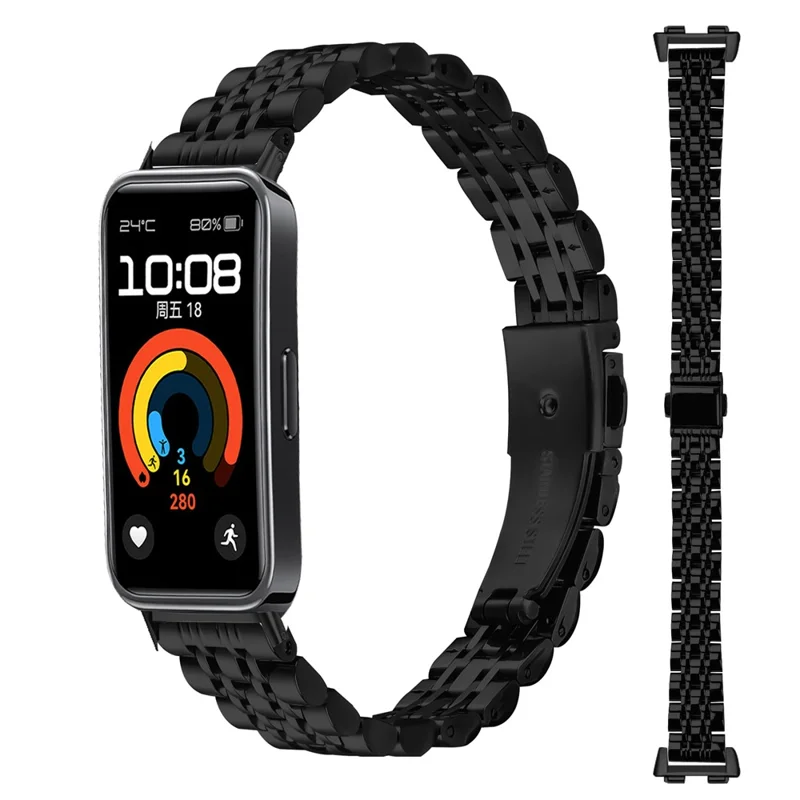 Watch Band For Huawei Band 10 / 9 / 8 , Slim 7-Bead Stainless Steel Strap - Black