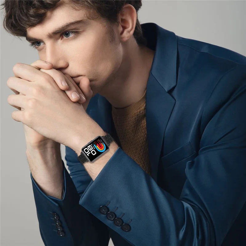 Watch Band For Huawei Band 10 / 9 / 8 , Slim 7-Bead Stainless Steel Strap - Black