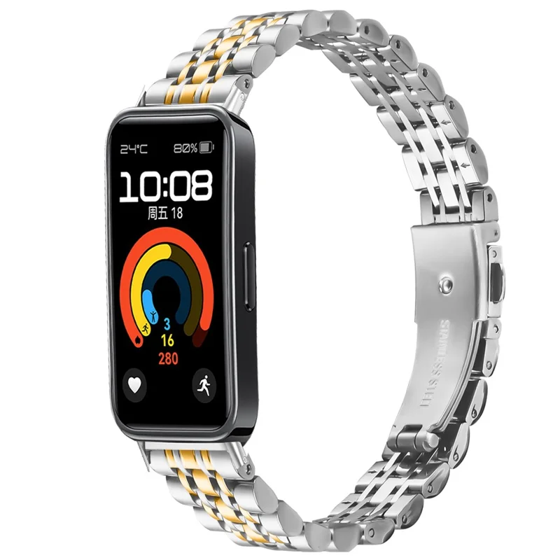 Watch Band For Huawei Band 10 / 9 / 8 , Slim 7-Bead Electroplated Stainless Steel Strap - Silver / Gold