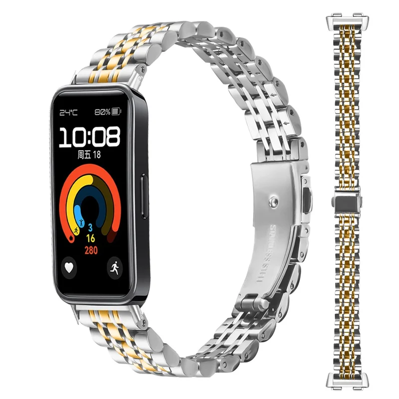 Watch Band For Huawei Band 10 / 9 / 8 , Slim 7-Bead Electroplated Stainless Steel Strap - Silver / Gold