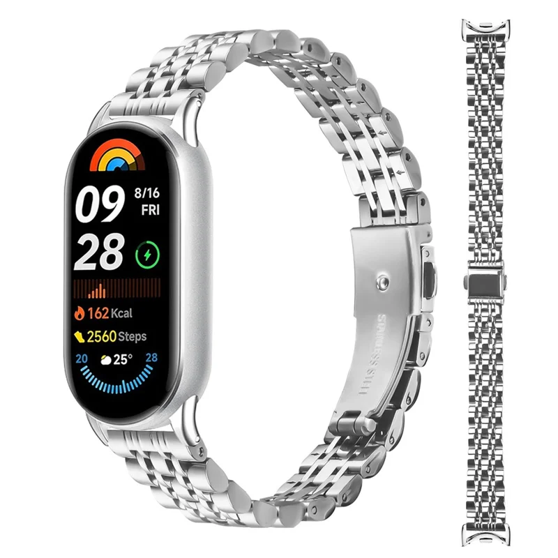 Watch Band For Xiaomi Smart Band 10 / 9 / 8 , Slim 7-Bead Stainless Steel Strap - Silver