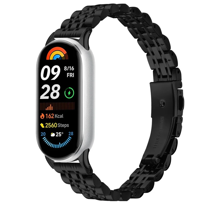 Watch Band For Xiaomi Smart Band 10 / 9 / 8 , Slim 7-Bead Stainless Steel Strap - Black