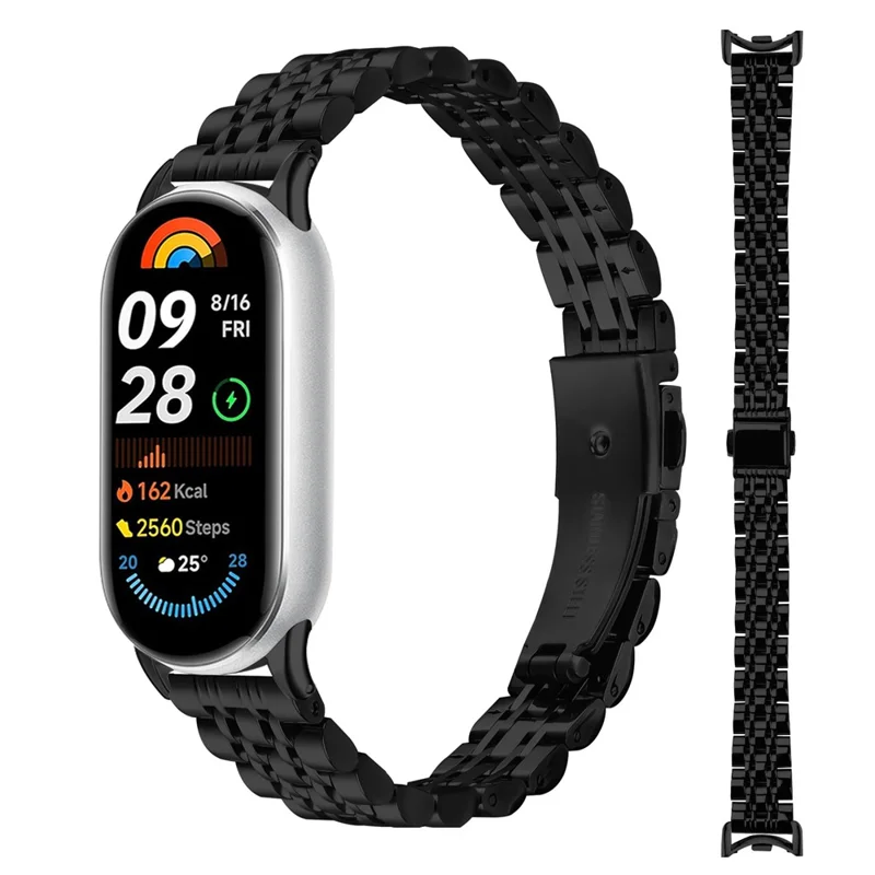 Watch Band For Xiaomi Smart Band 10 / 9 / 8 , Slim 7-Bead Stainless Steel Strap - Black