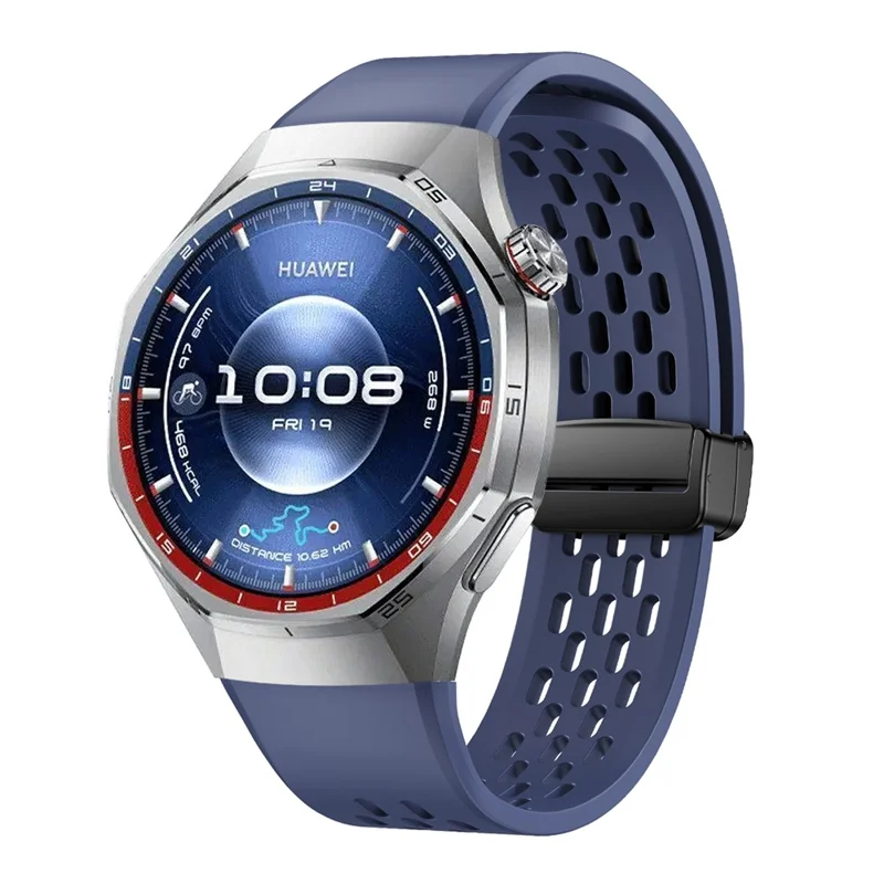 For Huawei Watch GT 6 Pro 46mm Magnetic Silicone Watch Band Solid Color Folding Clasp Adjustable Strap - Blue