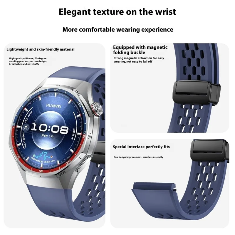 For Huawei Watch GT 6 Pro 46mm Magnetic Silicone Watch Band Solid Color Folding Clasp Adjustable Strap - Blue
