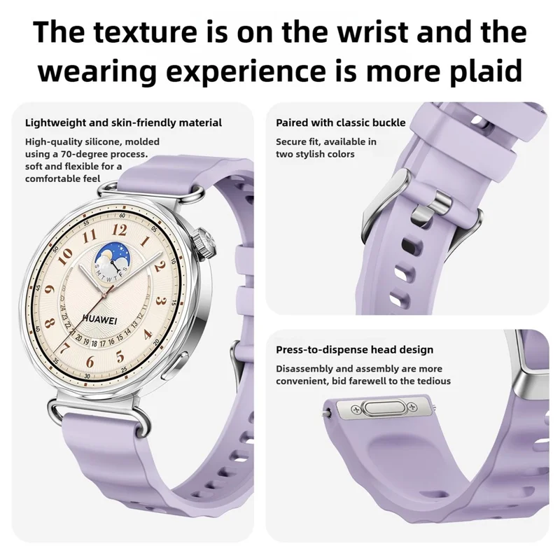 18mm Schnellverschluss-Silikonband für Huawei Watch GT 6 41mm Einfarbiges Uhrenarmband mit Wellenmuster und Silberschnalle - Lila