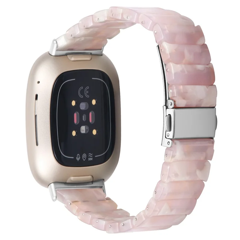 For Fitbit Versa 3 / Sense Watch Band 1-Bead Acrylic Resin Waterproof Bracelet with Silver Buckle - Pink Brown