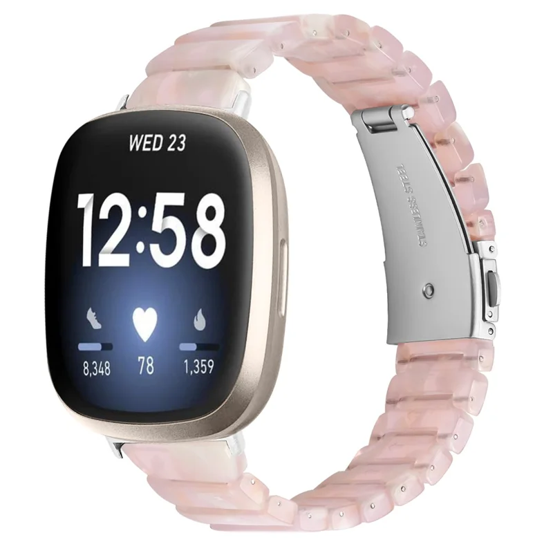 For Fitbit Versa 3 / Sense Watch Band 1-Bead Acrylic Resin Waterproof Bracelet with Silver Buckle - Pink Brown
