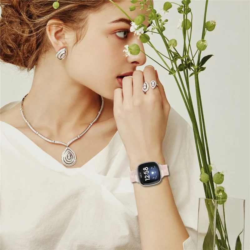 For Fitbit Versa 3 / Sense Watch Band 1-Bead Acrylic Resin Waterproof Bracelet with Silver Buckle - Pink Brown