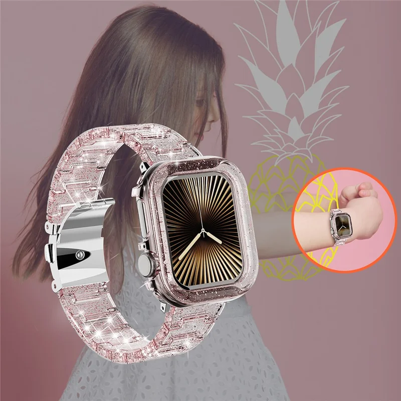 For Apple Watch SE3 SE2 SE 6 5 4 44mm Band Stylish PC Epoxy Resin Smartwatch Strap + Watch Case - Pink