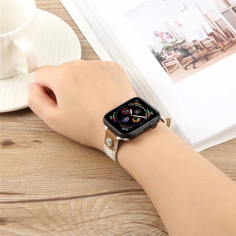 Watch Strap For Apple Watch Ultra 3 2 1 49mm / Series 11 10 46mm / 9 8 7 45mm / SE3 SE2 SE 6 5 4 44mm / 3 2 1 42mm , Camellia Rivets Microfiber Leather Band Bracelet - White