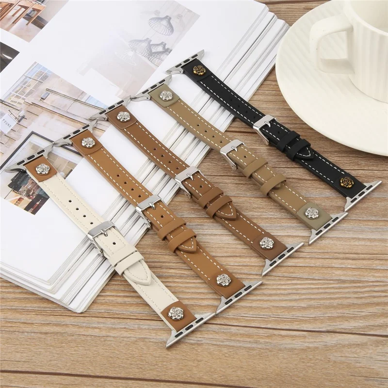 Watch Strap For Apple Watch Ultra 3 2 1 49mm / Series 11 10 46mm / 9 8 7 45mm / SE3 SE2 SE 6 5 4 44mm / 3 2 1 42mm , Camellia Rivets Microfiber Leather Band Bracelet - White