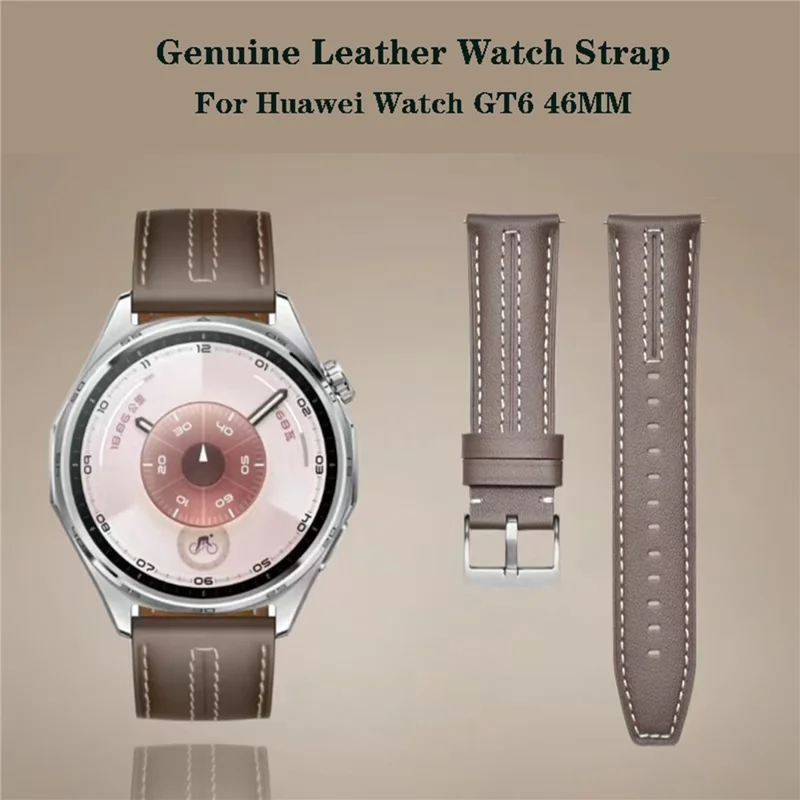 Кожаный ремешок для Huawei Watch GT 5 Pro / GT 5 / 4 46мм / Samsung Galaxy Watch3 45мм, 22мм, с прошивкой, натуральная кожа - Серый