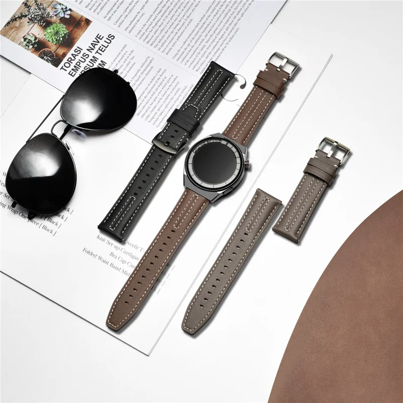 Кожаный ремешок для Huawei Watch GT 5 Pro / GT 5 / 4 46мм / Samsung Galaxy Watch3 45мм, 22мм, с прошивкой, натуральная кожа - Серый