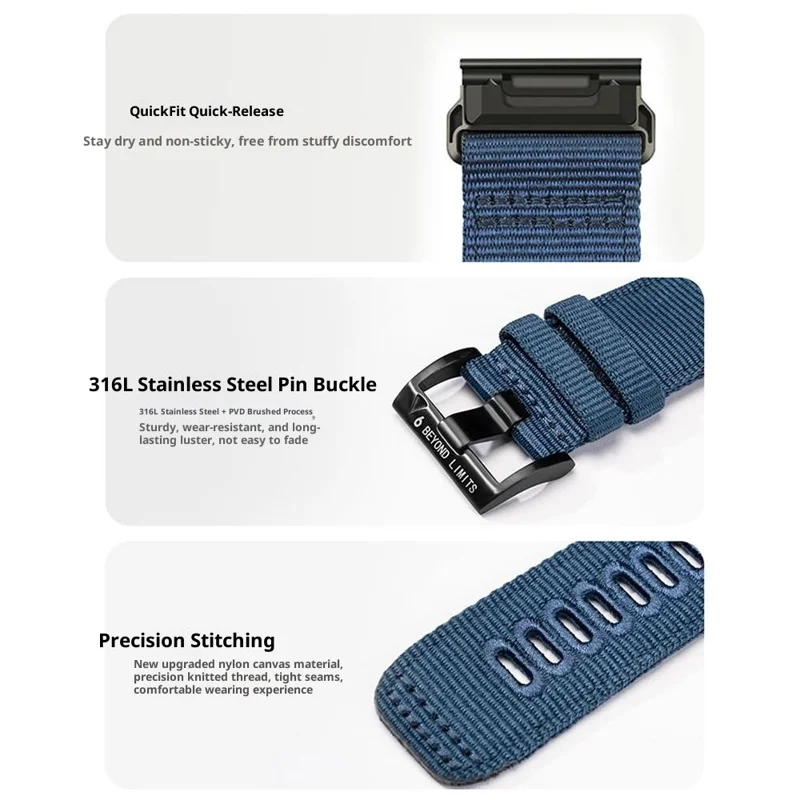 Cinturino a sgancio rapido da 22 mm per Garmin Fenix 8 Pro AMOLED 47 mm / 8 AMOLED 47 mm / E 47 mm / quatix 8 / Tactix 8 47 mm Cinturino in nylon intrecciato per orologio tattico - Blu