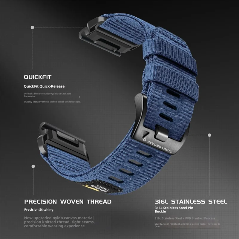 Cinturino a sgancio rapido da 22 mm per Garmin Fenix 8 Pro AMOLED 47 mm / 8 AMOLED 47 mm / E 47 mm / quatix 8 / Tactix 8 47 mm Cinturino in nylon intrecciato per orologio tattico - Blu