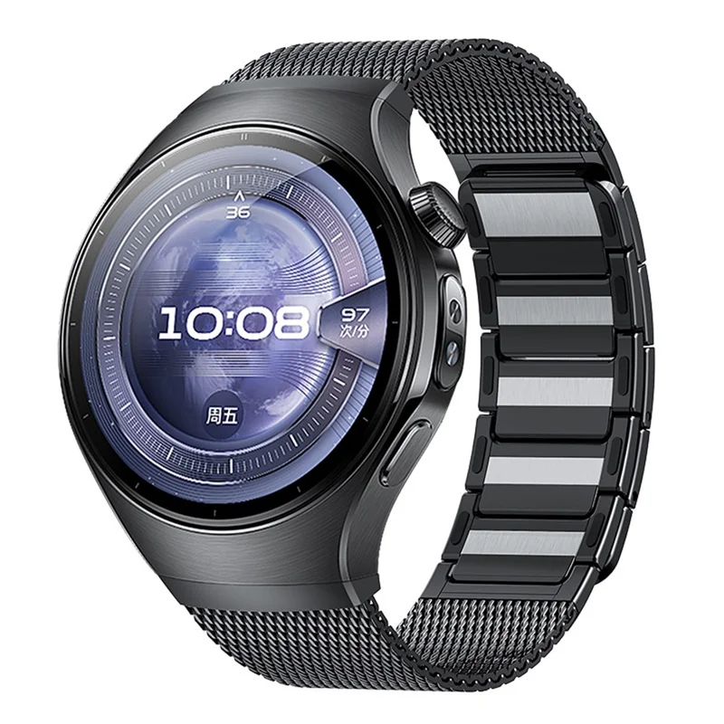 For Huawei Watch 5 46mm Stainless Steel Watch Band Seamless Magnetic Buckle Mesh Strap - Black
