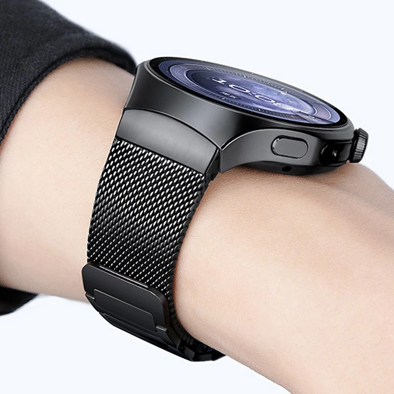 For Huawei Watch 5 46mm Stainless Steel Watch Band Seamless Magnetic Buckle Mesh Strap - Black